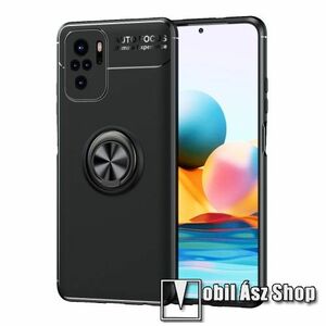 OTT! METAL RING szilikon védő tok / hátlap - FEKETE - fém ujjgyűrű, tapadófelület mágneses autós tartóhoz, kitámasztható, ERŐS VÉDELEM! - Xiaomi Redmi Note 10 / Note 10S / Poco M5s kép