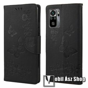 Notesz / mappa tok - GRAVÍROZOTT PILLANGÓ / VIRÁG MINTÁS - FEKETE - oldalra nyíló, rejtett mágneses záródás, belső zseb, asztali tartó funkció, szilikon belső - Xiaomi Redmi Note 10 / Note 10S / Poco M5s kép