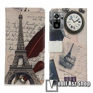 Notesz / mappa tok - EIFFEL TORONY / MADÁRTOLL MINTÁS - oldalra nyíló, rejtett mágneses záródás, bankkártyatartó zseb, asztali tartó funkció, szilikon belső - Xiaomi Redmi Note 10 / Note 10S / Poco M5s kép