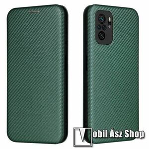 Notesz tok / flip tok - ZÖLD - KARBON MINTÁS - asztali tartó funkciós, oldalra nyíló, rejtett mágneses záródás, bankkártyatartó zseb, szilikon belső - Xiaomi Redmi Note 10 / Note 10S / Poco M5s kép