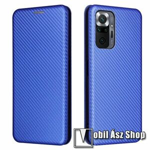 Notesz tok / flip tok - KÉK - KARBON MINTÁS - asztali tartó funkciós, oldalra nyíló, rejtett mágneses záródás, bankkártyatartó zseb, szilikon belső - Xiaomi Redmi Note 10 Pro / Redmi Note 10 Pro Max kép