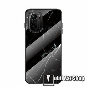 GLASS CASE műanyag védő tok / hátlap védő edzett üveg - FEKETE - MÁRVÁNY MINTÁS - szilikon szegély - Xiaomi Redmi K40 / Redmi K40 Pro / Redmi K40 Pro Plus / Mi 11i / Mi 11X / Mi 11X Pro / Poco F3 kép