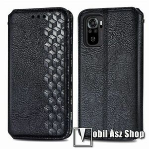Notesz tok / flip tok - FEKETE - GRAVÍROZOTT ROMBUSZ MINTÁS - asztali tartó funkciós, oldalra nyíló, rejtett mágneses záródás, bankkártyatartó zseb, szilikon belső - Xiaomi Redmi Note 10 / Note 10S / Poco M5s kép