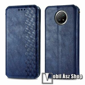 Notesz tok / flip tok - SÖTÉTKÉK - GRAVÍROZOTT ROMBUSZ MINTÁS - asztali tartó funkciós, oldalra nyíló, rejtett mágneses záródás, bankkártyatartó zseb, szilikon belső - Xiaomi Redmi Note 9T 5G / Redmi Note 9 5G kép