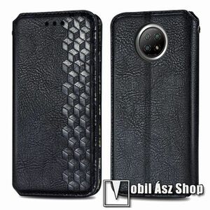 Notesz tok / flip tok - FEKETE - GRAVÍROZOTT ROMBUSZ MINTÁS - asztali tartó funkciós, oldalra nyíló, rejtett mágneses záródás, bankkártyatartó zseb, szilikon belső - Xiaomi Redmi Note 9T 5G / Redmi Note 9 5G kép