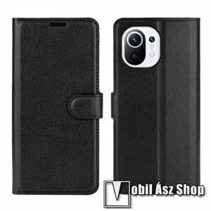 WALLET notesz tok / flip tok - FEKETE - asztali tartó funkciós, oldalra nyíló, rejtett mágneses záródás, bankkártyatartó zseb, szilikon belső - Xiaomi Mi 11 kép