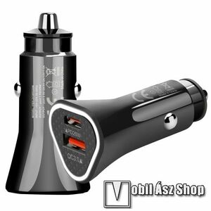 UNIVERZÁLIS szivargyújtós töltő / autós töltő - 20W, 1x USB aljzat, 1x Type-C aljzat, 5V/3A, 9V/2A, 12V/1.5A, QC 3.0, PD gyorstöltés támogatás, kábel NÉLKÜL! - FEKETE kép