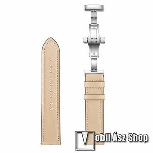 Okosóra szíj - BÉZS / EZÜST - valódi bőr, pillangó csat, 120mm + 80mm hosszú, 22mm széles - SAMSUNG Galaxy Watch 46mm / Watch GT2 46mm / Watch GT 2e / Galaxy Watch3 45mm / Honor MagicWatch 2 46mm kép