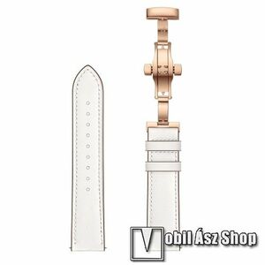 Okosóra szíj - FEHÉR / ROSE GOLD - valódi bőr, pillangó csat, 120mm + 80mm hosszú, 22mm széles - SAMSUNG Galaxy Watch 46mm / Watch GT2 46mm / Watch GT 2e / Galaxy Watch3 45mm / Honor MagicWatch 2 46mm kép