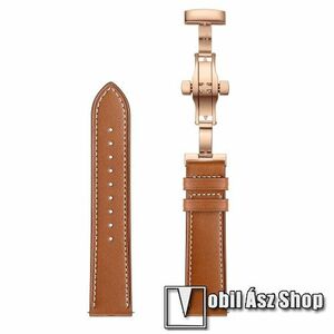 Okosóra szíj - BARNA / ROSE GOLD - valódi bőr, pillangó csat, 120mm + 80mm hosszú, 22mm széles - SAMSUNG Galaxy Watch 46mm / Watch GT2 46mm / Watch GT 2e / Galaxy Watch3 45mm / Honor MagicWatch 2 46mm kép