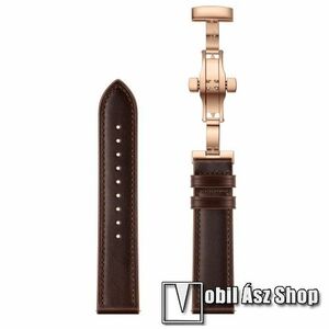 Okosóra szíj - ROSE GOLD / KÁVÉBARNA - valódi bőr, pillangó csat, 120mm + 80mm hosszú, 22mm széles - SAMSUNG Galaxy Watch 46mm / Watch GT2 46mm / Watch GT 2e / Galaxy Watch3 45mm / Honor MagicWatch 2 46mm kép