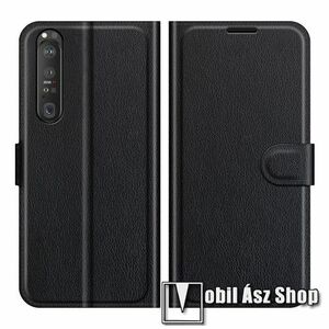 WALLET notesz tok / flip tok - FEKETE - asztali tartó funkciós, oldalra nyíló, rejtett mágneses záródás, bankkártyatartó zseb, szilikon belső - SONY Xperia 1 III kép
