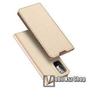 DUX DUCIS Skin Pro Series slim design notesz / mappa tok - ARANY - asztali tartó funkciós, oldalra nyíló, rejtett mágneses záródás, bankkártyatartó zseb, szilikon belső - Xiaomi Redmi Note 10 5G / Redmi Note 10T 5G / Poco M3 Pro 5G - GYÁRI kép