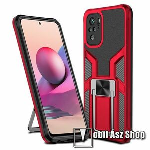 OTT! MILITARY ARMOR műanyag védő tok / hátlap - PIROS - szilikon betétes, fém kitámasztó, tapadófelület mágneses autós tartóhoz, erősített sarkok - ERŐS VÉDELEM! - Xiaomi Redmi Note 10 / Note 10S / Poco M5s kép
