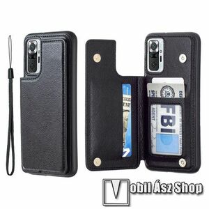 Műanyag védő tok / hátlap - FEKETE - szilikon belső, PU bőrrel bevont, bankkártya tartó zsebek, mágnespatent, erősített sarkok, ERŐS VÉDELEM! - Xiaomi Redmi Note 10 Pro / Redmi Note 10 Pro Max kép