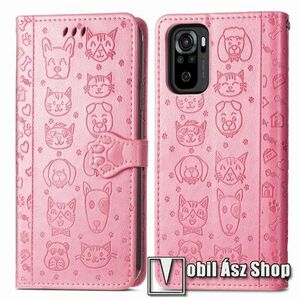 Notesz / mappa tok - GRAVÍROZOTT KUTYA / CICA MINTÁS - RÓZSASZÍN - oldalra nyíló, rejtett mágneses záródás, belső zseb, asztali tartó funkció, szilikon belső - Xiaomi Redmi Note 10 / Note 10S / Poco M5s kép