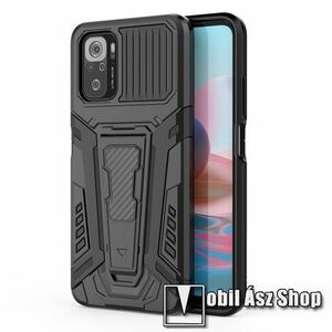 OTT! DUAL GUARD műanyag védő tok / hátlap - FEKETE - szilikon betétes, karbon mintás, kitámasztható, asztali tartó funkciós, erősített sarkok - ERŐS VÉDELEM! - Xiaomi Redmi Note 10 / Note 10S / Poco M5s kép