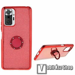 OTT! DECOR RING szilikon védő tok / hátlap - PIROS - fém ujjgyűrű, strasszkővel díszített, csillámló réteg, tapadófelület mágneses autós tartóhoz, kitámasztható, ERŐS VÉDELEM! - Xiaomi Redmi Note 10 Pro / Redmi Note 10 Pro Max kép