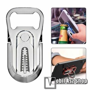 UNIVERZÁLIS ujjtámasz, gyűrű tartó, sörnyitó - Biztos fogás készülékéhez, alumínium, üvegnyitó, 360°-ban forgatható, kitámasztható, szellőzőrácsra rögzíthető - EZÜST - 64 x 27 x 4.5mm kép