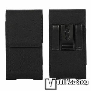 UNIVERZÁLIS álló tok - övre fűzhető / övcsipesz, mágneses záródás, bankkártyatartó zseb, gumis, cseppálló oxford szövet - belső méret: 170 x 87mm - FEKETE kép