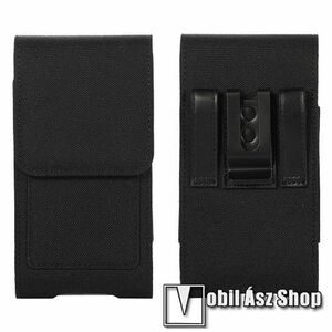 UNIVERZÁLIS álló tok - övre fűzhető / övcsipesz, mágneses záródás, bankkártyatartó zseb, gumis, cseppálló oxford szövet - belső méret: 155 x 80mm - FEKETE kép