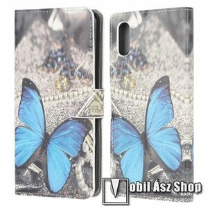 Notesz / mappa tok - KÉK PILLANGÓ MINTÁS - oldalra nyíló, rejtett mágneses záródás, belső zseb, asztali tartó funkció, szilikon belső - SAMSUNG Galaxy Xcover 5 (SM-G525F) kép