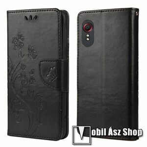 Notesz / mappa tok - GRAVÍROZOTT PILLANGÓ / VIRÁG MINTÁS - FEKETE - oldalra nyíló, rejtett mágneses záródás, belső zseb, asztali tartó funkció, szilikon belső - SAMSUNG Galaxy Xcover 5 (SM-G525F) kép