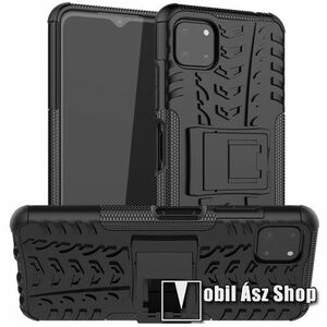 OTT! VROOM műanyag védő tok / hátlap - FEKETE - AUTÓGUMI MINTÁS - szilikon betétes, asztali tartó funkciós, ERŐS VÉDELEM! - SAMSUNG Galaxy A22 5G (SM-A226) / Galaxy F42 5G (SM-E426B/DS) kép