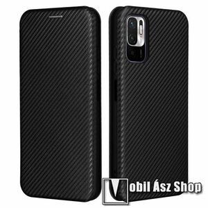 Notesz tok / flip tok - FEKETE - KARBON MINTÁS - asztali tartó funkciós, oldalra nyíló, rejtett mágneses záródás, bankkártyatartó zseb, szilikon belső - Xiaomi Redmi Note 10 5G / Redmi Note 10T 5G / Poco M3 Pro 5G kép