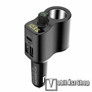 UNIVERZÁLIS BLUETOOTH kihangosító szett - 1x extra szivargyújtó aljzat, szivartöltőbe tehető, FM transmitterrel csatlakozik autórádióra, EXTRA USB / Type-C töltő aljzatok (max. 3.1A), v5.0, kártyaolvasó, 12V-24V-ról is használható - FEKETE kép