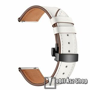 Valódi bőr okosóra szíj - speciális pillangó csatos, 120 + 80mm hosszú, 22mm széles - FEKETE / FEHÉR - SAMSUNG Galaxy Watch 46mm / Watch GT2 46mm / Watch GT 2e / Galaxy Watch3 45mm / Honor MagicWatch 2 46mm kép