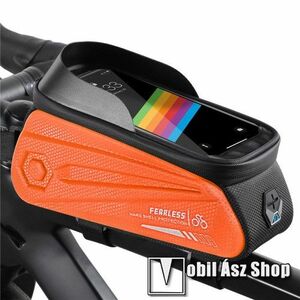 WEST BIKING UNIVERZÁLIS biciklis / kerékpáros tartó konzol mobiltelefon készülékekhez - cseppálló védő tokos kialakítás, cipzár, fülhallgató kivezető nyílás, vázra rögzíthető, EVA, hálós zseb, napellenző, 240 x 90 x 145mm - NARANCSSÁRGA / FEKETE kép