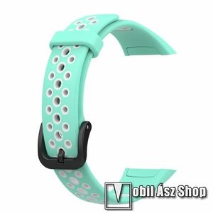 Okosóra szíj - légáteresztő, sportoláshoz, szilikon, 93mm + 122mm hosszú - FEHÉR / CYAN - HUAWEI Band 6 / HONOR Band 6 / HONOR Band 7 kép