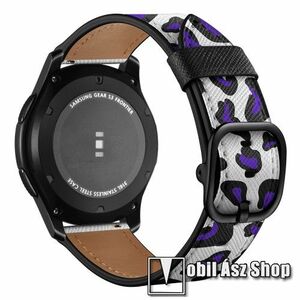Valódi bőr okosóra szíj - LILA LEOPÁRD MINTÁS - valódi bőr, 120mm + 90mm hosszú, 22mm széles - SAMSUNG Galaxy Watch 46mm / Watch GT2 46mm / Watch GT 2e / Galaxy Watch3 45mm / Honor MagicWatch 2 46mm kép