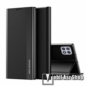 Slim design notesz tok / flip tok - FEKETE - galvanizált fémhatású, oldalra nyíló, asztali tartó funkciós, rejtett mágneses záródás, műanyag belső - SAMSUNG Galaxy A22 5G (SM-A226) / Galaxy F42 5G (SM-E426B/DS) kép