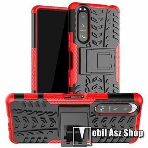 OTT! VROOM műanyag védő tok / hátlap - PIROS - AUTÓGUMI MINTÁS - szilikon betétes, asztali tartó funkciós, ERŐS VÉDELEM! - SONY Xperia 5 III kép