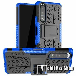 OTT! VROOM műanyag védő tok / hátlap - KÉK - AUTÓGUMI MINTÁS - szilikon betétes, asztali tartó funkciós, ERŐS VÉDELEM! - SONY Xperia 5 III kép