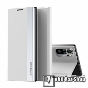 Slim design notesz tok / flip tok - EZÜST - galvanizált fémhatású, oldalra nyíló, asztali tartó funkciós, rejtett mágneses záródás, műanyag belső - Xiaomi Redmi Note 10 / Note 10S / Poco M5s kép