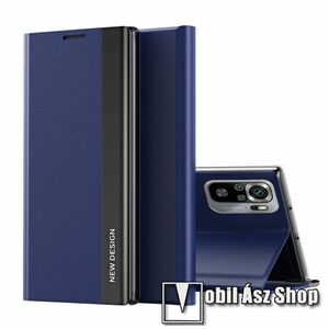 Slim design notesz tok / flip tok - SÖTÉTKÉK - galvanizált fémhatású, oldalra nyíló, asztali tartó funkciós, rejtett mágneses záródás, műanyag belső - Xiaomi Redmi Note 10 / Note 10S / Poco M5s kép