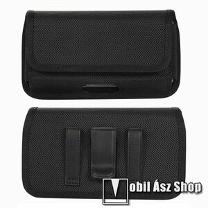 UNIVERZÁLIS fekvő tok - tépőzáras záródás, övre fűzhető és csíptethető, gumis, cseppálló oxford szövet, bankkártyatartó zseb - külső méret: 175 x 100 x 25mm, belső méret: 165 x 90 x 20mm - FEKETE kép