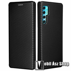 Notesz tok / flip tok - FEKETE - KARBON MINTÁS - asztali tartó funkciós, oldalra nyíló, rejtett mágneses záródás, bankkártyatartó zseb, szilikon belső - TCL 20 Pro 5G kép