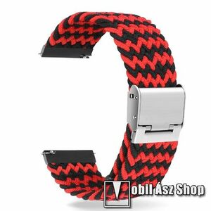 Okosóra szíj - fonott szövet, sztreccses, állítható, rozsdamentes acél csatos - FEKETE / PIROS - 210mm hosszú, 20mm széles - SAMSUNG Galaxy Watch 42mm / Amazfit GTS / Galaxy Watch3 41mm / HUAWEI Watch GT 2 42mm / Galaxy Watch Active / Active 2 kép