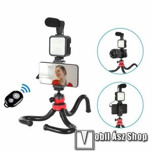 UNIVERZÁLIS telefon tartó tripod állvány / vlog streaming kezdőszett - LED fény 2xAA elemmel használható (NEM TARTOZÉK), 1/4" csavar, állítható színhőmérséklet, fényerő, 3, 5mm jack mikrofon, 360°-ban forgatható, összecsukható, flexibilis, Bluetooth kioldó kép