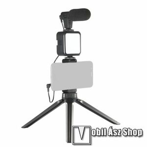 UNIVERZÁLIS telefon tartó tripod állvány / vlog streaming kezdőszett - LED fény 2xAA elemmel használható (NEM TARTOZÉK), 1/4" csavar, állítható színhőmérséklet, fényerő, 3, 5mm jack mikrofon, 360°-ban forgatható, összecsukható, Bluetooth kioldóval - FEKETE kép