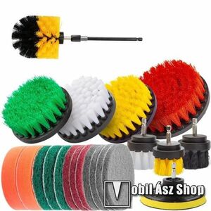 UNIVERZÁLIS súrolókefe, tisztítókefe szett fúrógéphez - tépőzáras, 1x 150mm-es hosszabbító rúd, különböző keménységűek, formájúak és méretűek, 5 különböző merevségű fehér: puha, sárga és zöld: közepes, piros és fekete: kemény, háztartásbeli és házkörüli s kép