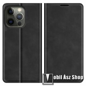 Notesz tok / flip tok - FEKETE - asztali tartó funkciós, oldalra nyíló, rejtett mágneses záródás, bankkártyatartó zseb, szilikon belső - APPLE iPhone 13 Pro kép
