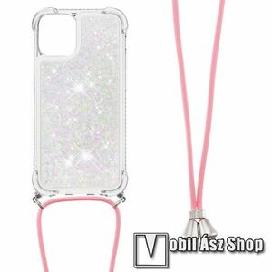 Szilikon védő tok / hátlap - csillogó, liquid folyadék, erősített sarkok, állítható nyakpánt - ERŐS VÉDELEM! - EZÜST / RÓZSASZÍN - APPLE iPhone 13 Pro kép