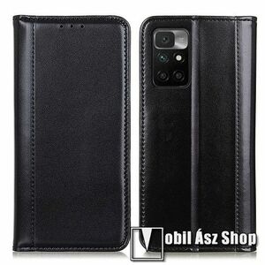 Notesz tok / flip tok - FEKETE - hasított bőr, asztali tartó funkciós, oldalra nyíló, rejtett mágneses záródás, bankkártya tartó zseb, szilikon belső - Xiaomi Redmi 10 / Redmi 10 Prime / Redmi 10 (2022) kép