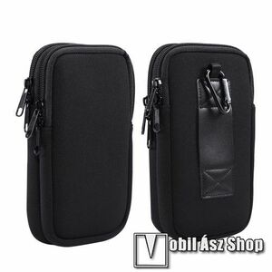 UNIVERZÁLIS tok / táska - FEKETE - neoprén szövet, övre fűzhető, cseppálló, belső hálós zseb, cipzár, nyakba akasztható, két fakkos, karabiner - 170 x 105 x 20mm kép