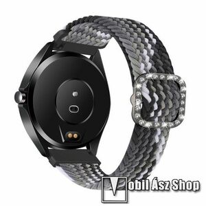 Okosóra szíj - fonott szövet, sztreccses, állítható, strasszköves csat - SZÜRKE / FEKETE - 110-195mm hosszú, 22mm széles - SAMSUNG Galaxy Watch 46mm / Watch GT2 46mm / Watch GT 2e / Galaxy Watch3 45mm / Honor MagicWatch 2 46mm kép